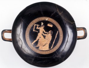 Pintura sobre corte: Representação de Heraclés acenando uma cadeira para derrubar seu mestre da música, 470 AC. BNF, Medal Office. de Greek