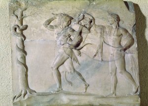 Tablet mostrando Hercules carregando o Tripé Delphic na frente de Apollo (mármore)