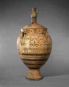Krater de terracota com tampa encimada por uma pequena hydria, c. 750–740 aC (terracota)
