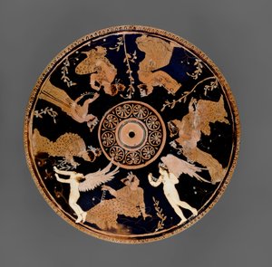 Sótão Pyxis de figura vermelha, detalhe de tampa decorado com mulheres segurando fichas de amor e colares, perto do Pintor de Medídias (cerâmica) de Greek School