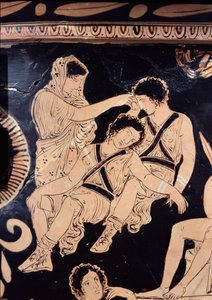 Krater ático de figuras vermelhas representando Orestes como suplicante no santuário de Apolo em Delfos, atribuído ao Pintor das Eumênias de Apúlia, c.380 aC (cerâmica) (detalhe) de Greek School