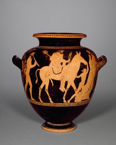 Estames áticos de figuras vermelhas, representando o retorno de Hefesto, do Grupo de Polígonos, c.440 aC (cerâmica) (ver também 293.739 e ver detalhes em 307551). de Greek School