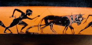 Trabalho de campo na Grécia antiga. Acompanhe uma faixa de penitência com figuras negras conhecidas como "cut des travaux des champs" (cerca de 530 a.C.) Paris. Museu do Louvre de Greek School