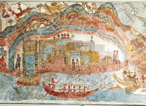 Fresco representando uma procissão de navios de Akrotiri, Ilha Thera, Santorini, Grécia, detalhe, uma cidade costeira