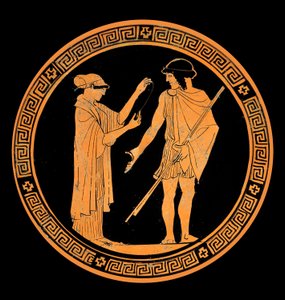 Conversa galante, decoração de uma cerâmica com figuras vermelhas. Século V a.C. (cerâmica) de Greek School