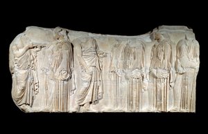 Arte grega: fragmento do friso do Partenon: procissão da festa dos Grandes Panathenees: autorizadores e ergastines. Período clássico. Paris, Museu do Louvre de Greek School