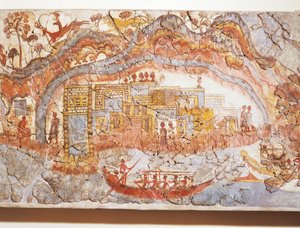 Civilização grega, fresco representando a procissão de navios, de Akrotiri, ilha de Thera, Santorini, Grécia de Greek School