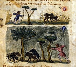 A caça ao javali após o manuscrito grego de Oppianus De Venatione, do século XIII. de Greek School