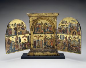 Ressurreição de Lázaro; Entrada em Jerusalém; Crucificação; Descida de Cristo ao Inferno (painel central), segunda metade do século 16 (têmpera com folha de ouro sobre madeira) de Greek School