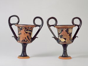 Kantharos de figuras vermelhas retratando uma juventude e kantharos representando uma mulher, c.310 aC (cerâmica) de Greek School