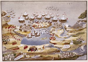 Cerco e Batalha Naval, placa 13 da História Pictórica da Guerra da Independência Grega pelo General Makryjannis de Greek School