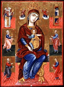 Virgem de Skopiotisa Enthroned with Christ and Six Saints, c.1700 (folha de ouro e tempera em painel) de Greek School