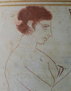 Lekythos do sótão, mostrando uma cena fúnebre de um guerreiro sentado em frente ao seu túmulo, 420-410 AC, atribuída ao Pintor Parrhasius de Éfeso, ceramista de terra branca de Atenas, Grécia. Detalhe. Civilização Grega, Século V a.C. de Greek School