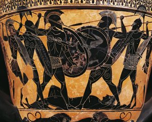 Civilização grega, Olaria de figuras negras, Krater representando a luta pelo corpo de Patroclus, De Farsala, Grécia