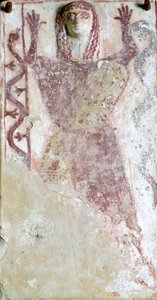 Pintura policromada sobre pinax e relevo representando a divindade feminina com serpente da "Agora" de Atenas, Grécia, Civilização Grega, Século VII a.C. de Greek School