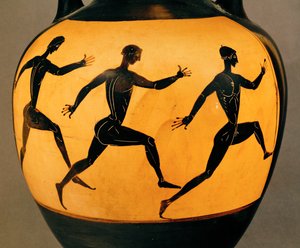 Três participantes numa corrida a pé nos Jogos Panatenaicos, século VI a.C. (cerâmica) de Greek School
