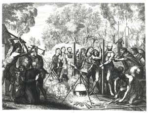 A morte de alguns padres jesuítas em Nouvelle-France, de "Historiae Canadensis" de François Ducreux, publicada em 1664 de Gregoire Huret