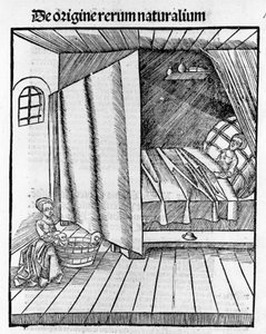 Uma parteira limpa o recém-nascido enquanto a mãe está a descansar. Gravura - em "Margarita Philosophica" de Gregor Reisch (1467-1525), Basiléia de Gregor Reisch
