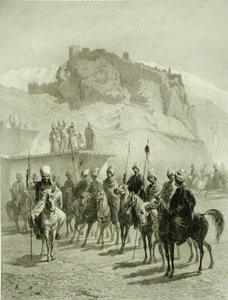 Castelo de Atskhour, Akhaltsik, placa 10 de um livro sobre o Cáucaso, gravado por Adolphe Mouilleron (1820-81) publicado por Alfred Leon Lemercier, Paris