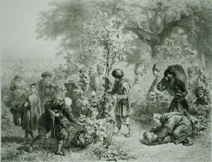Vindima em Kakhetie, Geórgia, prato 30 de um livro sobre o Cáucaso, gravado por Eugene Le Roux (1807-63) publicado por Alfred Leon Lemercier, Paris