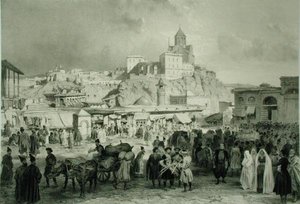 The Bazaar in Maidan Square, Tiflis, Georgia, placa 25 de um livro sobre o Cáucaso, gravado por Adolphe Jean-Baptiste Bayot (1810-66) e Eugene Ciceri (1813-90), publicado por Alfred Leon Lemercier, Paris
