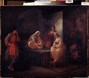 No quarto. Cena orientalista com dançarinos de Shamakha no Azerbaijão reunidos em um harém. Pintura de Grigori Grigorievich Gagarin (1810-1893), óleo sobre tela, arte russa do século XIX. Museu Estadual de Arte Georgiana, Tbilisi (Georg