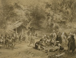 Fim da Caça, Mingrelia, prato 6 de um livro sobre o Cáucaso, gravado por Adolphe Mouilleron (1820-81), publicado por Alfred Leon Lemercier, Paris, 1847