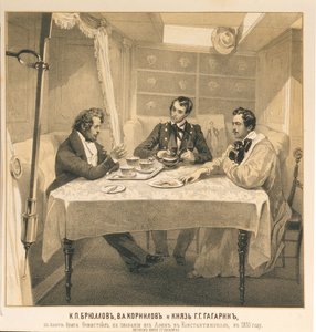 Karl Bryullov, Vladimir Kornilov e Conde Grigori Gagarin a bordo da briga Temístocles, 1835 de Grigori Grigorevich Gagarin