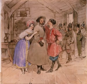 Cena da ópera Uma vida pelo czar Ivan Susanin de M. Glinka, final da década de 1830