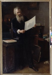 ""A primeira impressão"" (A primeira impressão). Retrato do artista Ivan Ivanovich Shishkin (Ivan Ivanovitch Shishkin) (1832-1898) olhando para uma de suas obras que acaba de realizar. Pintura de Grigori (Grigoriy, Grigory) Grigoryevich Myasoyedov ( de Grigori Grigoryevich Myasoedov