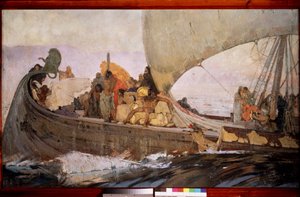 Uma viagem dos minoanos. Barcos para velejar ao largo de Creta. Pintura de Ivan Grigoryevich Myasoyedov (Miasoyedov, Miasoedov) (1881-1953), óleo sobre tela
