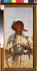 Um Ceifeiro. Retrato de uma jovem camponesa em traje tradicional, num campo de trigo em pleno Verão para a colheita. Pintura por Grigory (Grigoriy, Grigory) Grigoryevich Myasoyedov (Myasoedov, Miasoedov) (1834-1911), óleo sobre tela. Art ru