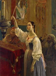 Uma menina colocou uma vela diante do ícone, 1842 de Grigori Karpovich Mikhaylov