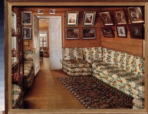 A sala de recepção em uma mansão - Pintura de Grigori Vasilyevich Soroka (1823-1863), óleo sobre tela - arte russa do século XIX - Museu Estadual de História e Arte ao Ar Livre, Pskov (Rússia) de Grigori Vasilievich Soroka
