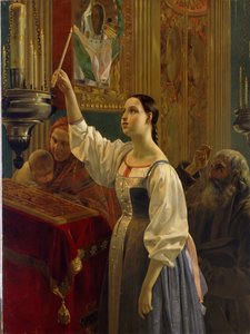 Menina a colocar uma vela antes do Ícone. Numa igreja ortodoxa, na quinta-feira santa da semana da Páscoa. Pintura de Grigori Karpovich Mikhaylov (Mikhailov) (1814-1867), óleo sobre tela de Grigory Mikhailov