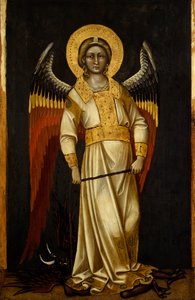 Anjo com demônio na cadeia por Guariento (ativo 1338-1367 ou 1370), tempera no painel, cerca de 1354
