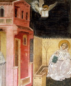 Aparição do anjo, detalhe da Visão de Santo Agostinho, cena de Contos de São Filipe e Santo Agostinho, de Guariento (ativo desde 1338, morreu ca. 1367), afresco, Igreja dos Eremitanos (Eremitas), Pádua, Vêneto. Itália