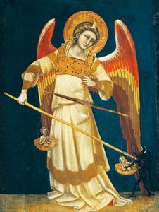 Arcanjo Miguel pesando almas, cerca de 1354, por Guariento (ativo 1338-1367 ou 1370), tempera no painel
