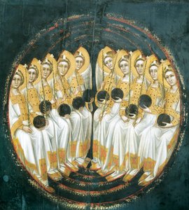 Anjos sentados com orbes nas mãos, por Guariento (ativo 1338-1367 ou 1370), tempera no painel