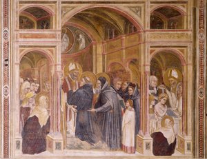 Vestes e batismo de Agostinho, cena de Contos de São Filipe e Santo Agostinho, de Guariento (ativo desde 1338, morreu ca. 1367), afresco, Igreja dos Eremitanos (Eremitas), Pádua, Vêneto. Itália