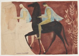 Dois jovens a cavalo. Decoração da sala de rascunho de Gudrun Traustedt