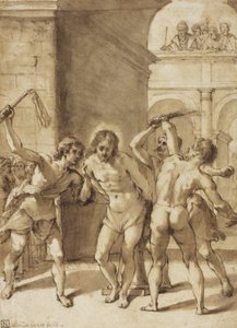 Flagelação de Cristo (caneta e tinta castanha, com pincel e lavagem castanha e vestígios de grafite, sobre papel de cenário creme, sobre papel de cenário creme) de Guercino (1591-1666) (school of)