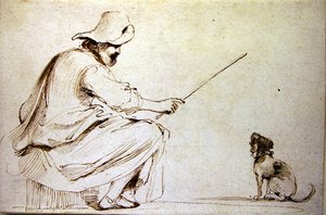 Um homem sentado a treinar um cão (caneta e tinta castanha e lavagem em papel) de Guercino