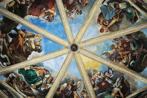 Frescos de Pier Francesco Mazzucchelli, conhecido como Morazzone (1573-1626) e Giovanni Francesco Barbieri, conhecido como Guercino (1591-1666), interior da Catedral de Piacenza, Emilia-Romagna, Itália de Guercino