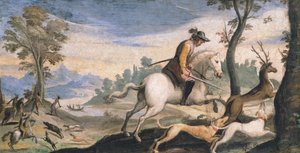 Caça ao veado e ao javali, de Giovanni Francesco Barbieri, conhecido como Guercino (1591-1666), fresco, 53x101 cm de Guercino