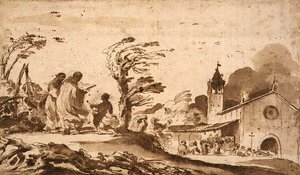 PD.1-1987 Paisagem com Procissão Funerária (tinta e lavagem) de Guercino
