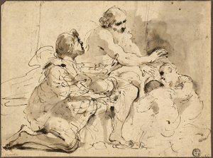 Estudo para Jacob abençoando os filhos de José, c.1620 (caneta e tinta castanha com pincel, lavagem cinzenta e castanha)