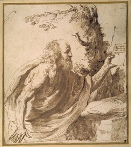 A Saint reading in the desert (caneta e tinta sobre papel) de Guercino