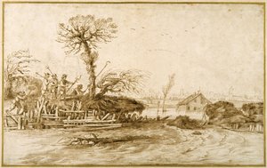 Um rio em cheia, e camponeses com machados e outras ferramentas (caneta e tinta sobre giz sobre papel) de Guercino