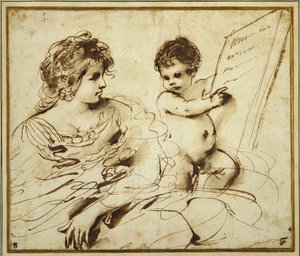 Uma Sibila sentada acompanhada de um putto que segura uma grande pastilha inscrita (caneta e tinta castanha com lavagem em papel) de Guercino